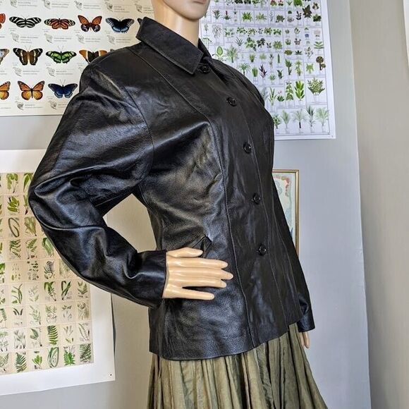 Vintage 90s DV Design Black Leather Jacket Button Front Junior's Size 11 - Picture 4 of 12